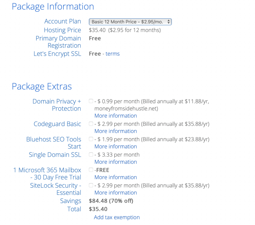 bluehost package information